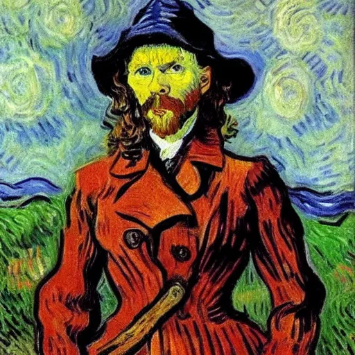 Image similar to Portrait painting of Vincent Van Gogh cosplaying as Gal Godot Wonder Woman by Claude Monet, original Post Impressionist art