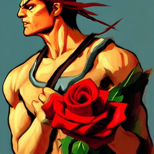 Image similar to Vega from street fighter holding a rose, in the style of Frederic Remington, artstation, claw