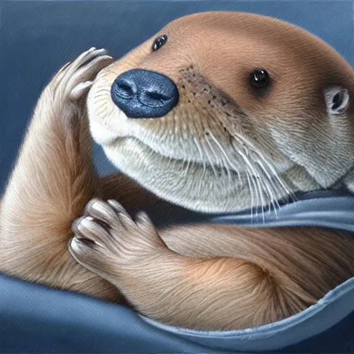 Prompt: an anthropomorphic otter wearing a night cap, in bed, smiling, head resting on a pillow, eyes closed, realistic, very detailed, high quality, masterpiece, oil painting by artgerm, by Ralph Horsley