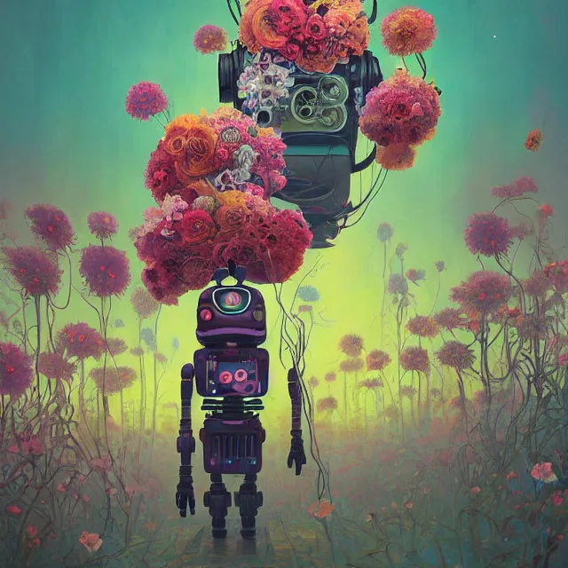 Prompt: a beautiful surreal painting of a robot covered with flowers by simon stalenhag and pascal blanche and alphonse mucha!! and nekro and josan gonzalez. in style of digital art. colorful comic, film noirs, symmetry, brush stroke, vibrating colors, hyper detailed. octane render. trending on artstation