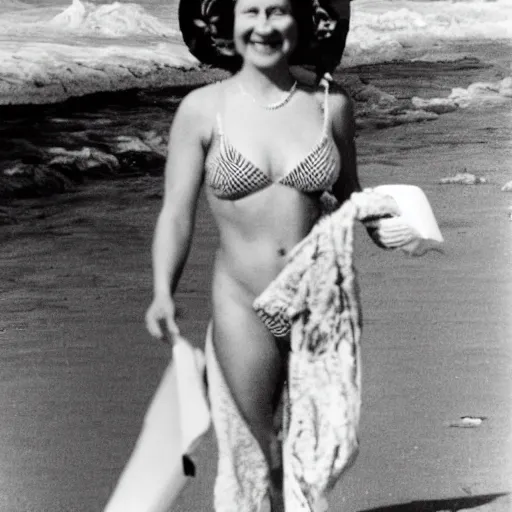 Image similar to Queen Elizabeth as a beach bum