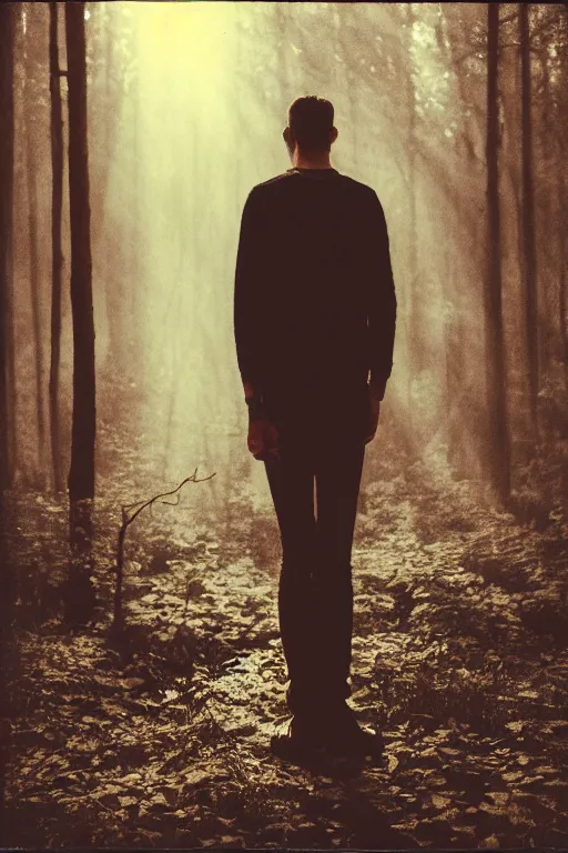 Prompt: square polaroid photo of a guy with standing in a dark fantasy forest, back view, lens flare, moody lighting, moody vibe, telephoto, 9 0 s vibe, blurry background, grain, tranquil, calm, faded!,