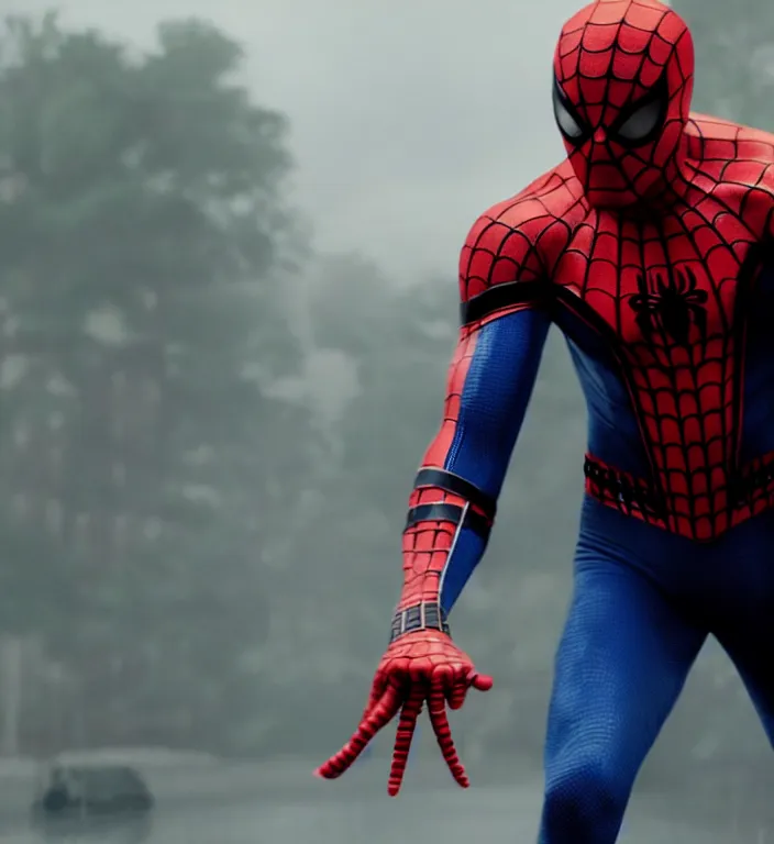 Image similar to cinematic still of jason statham as spiderman, dramatic rain, 8 k