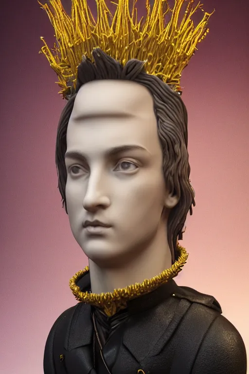Image similar to a realistic porcelain full-head baroque style bust of handsome young Spanish brunette prince with a spiky hair and a crown made of colored pipecleaners, suspended in outer space, photorealism, octane render, depth of field, 8k, 35mm, artgem, Trending on artstation, padding above head