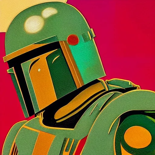 Prompt: textured art deco painting of boba fett, side profile, full body, flying from bottom left to top right, muted greens and browns, geometric, gold and deep purple background with lightning bolt