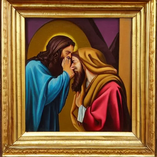 Image similar to 1 8 th oil panting of a jesus kissing a woman