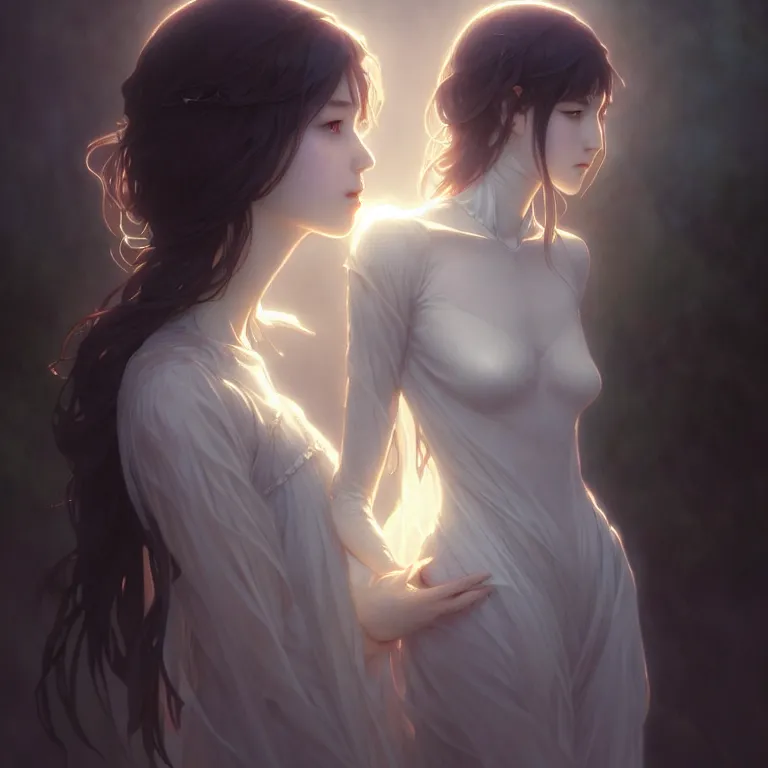 Image similar to gentle ghost, slender girl, silver skin, illustration, cinematic lighting, 8 k, d & d, frostbite 3 engine, of, artstation, intricate, digital art, twilight ray, art by tsuyoshi nagano, greg rutkowski, artgerm, alphonse mucha, radiant light, detailed and complex environment, digital art, art station trends