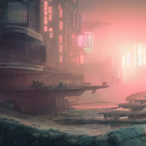 Image similar to A photorealistic illustration of a underwater sunken the city of Otoh Gunga with monuments and altars by makoto shinkai , sunlight pasing through water, sumbarine, blade runner style,cyberpunk vibe, purple color scheme, post apocalyptic retrofuturism, cgsociety