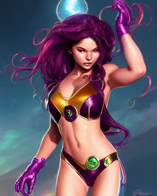 Image similar to ultra realistic illustration, danielle campbell as starfire anime, intricate, elegant, highly detailed, shiny plastic bikini, digital painting, artstation, concept art, smooth, sharp focus, illustration, art by artgerm and greg rutkowski and alphonse mucha and wlop