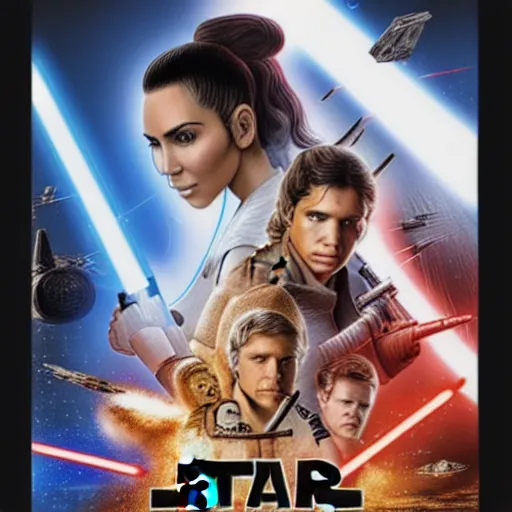 Image similar to super detailed star wars movie poster with Jesus Christ and kim kardashian, 8k full HD photo, cinematic lighting, anatomically correct, oscar award winning, action filled, correct eye placement,