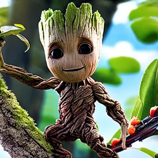 Image similar to baby groot eating banana on island in jungle