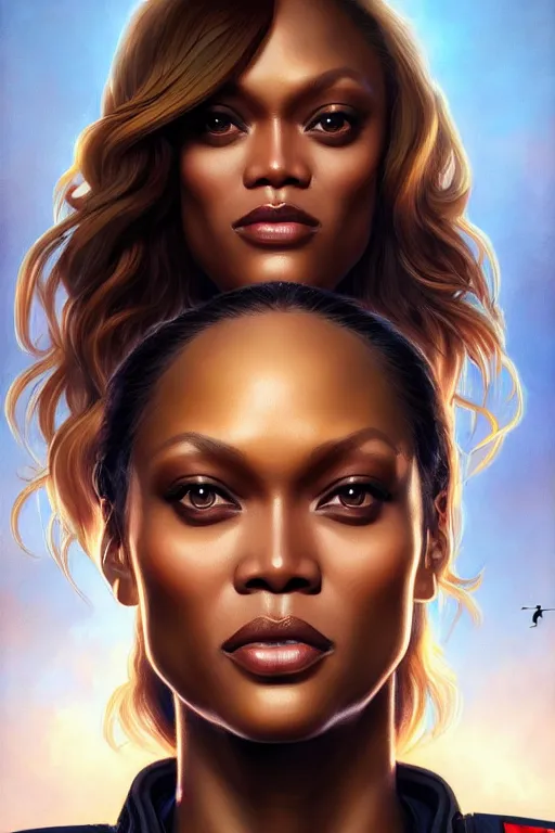 Prompt: tyra banks in the movie top gun, realistic portrait, symmetrical, highly detailed, digital painting, artstation, concept art, smooth, sharp focus, illustration, cinematic lighting, art by artgerm and greg rutkowski and alphonse mucha