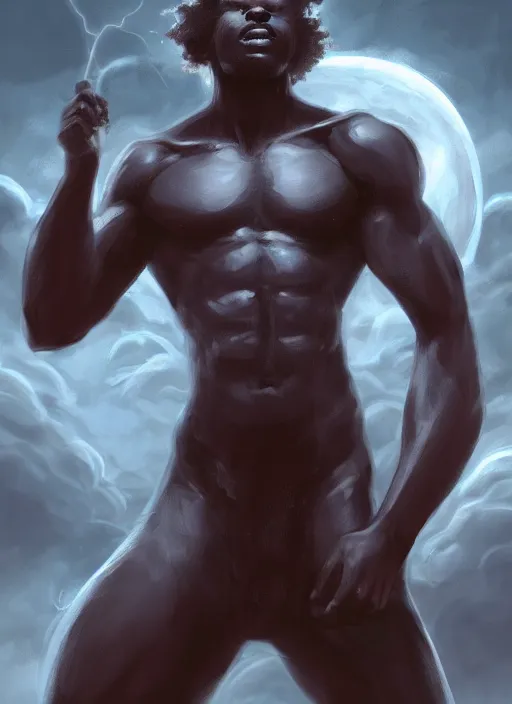 Image similar to a highly detailed illustration of short curly haired fade african god of lightning, evil summoning lightning from hands pose, moonlit clouds background, muscular, intricate, elegant, highly detailed, centered, digital painting, artstation, concept art, smooth, sharp focus, league of legends concept art, WLOP