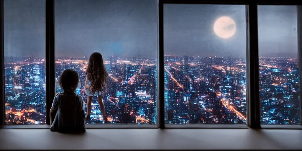 Image similar to overlooking on night city cyberpunk from floor to ceiling window, one little girl, beautiful hair at the back, looking out the window, liminal, cinematic, dreamscape