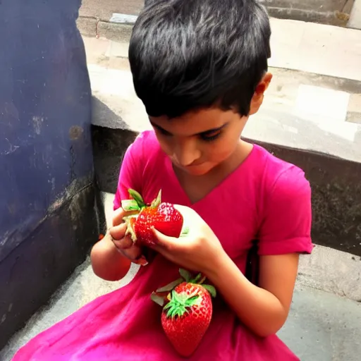 Image similar to shai khulud in dress eats strawberries with other kids