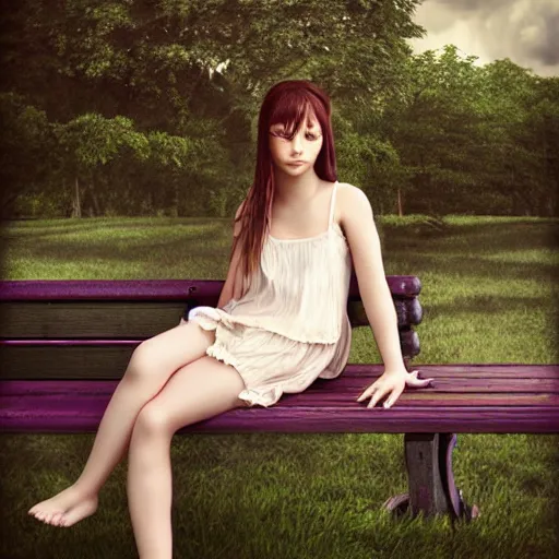 Prompt: hyperquality, photorealism of a beautiful teen girl, sitting on a bench wearing a flower skirt, very high quality face and body and hemp sandals, artgerm, professional pose, artstation, extremely high quality, moody lighting, photography by deviantart, 8 k