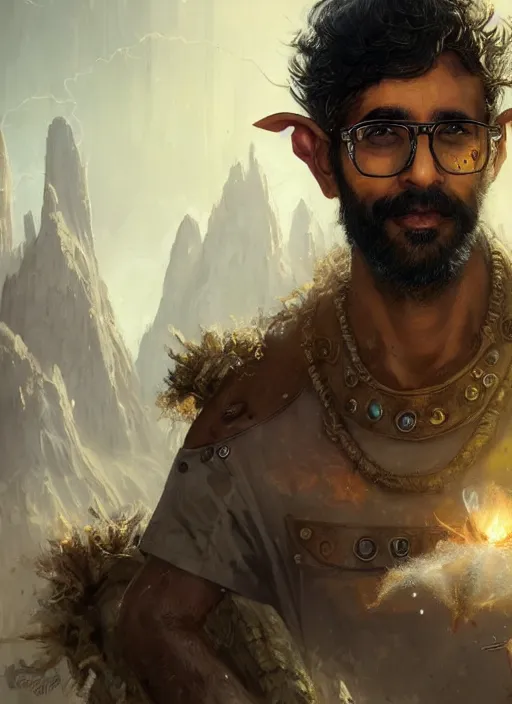 Prompt: Portrait of Indian Scruffy haired male biopunk scientist with elven ears, He is working on trinkets on a table, realistic, detailed, 4k by Greg Rutkowski Mark Arian trending on artstation