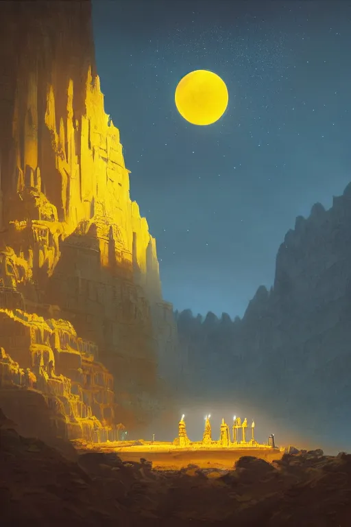 Image similar to ancient indian temple glowing yellow in canyon, monks standing around golden statue, light streaks in the sky, floating planets and moons, dramatic lighting, artstation, matte painting, ralph mcquarrie, simon stalenhag