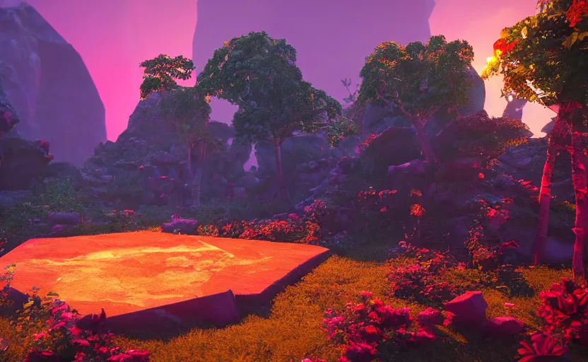 Image similar to a crystal tetrahedron!!! in the middle of ancient ruins in a lush prehistoric jungle, inside a humongous cave, red and magenta flowers, sunset, godrays, orange and blue sky, haze, volumetric lighting, a high - quality render, photorealistic, unreal engine 5