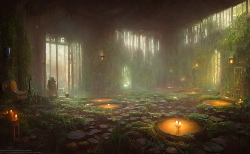 Image similar to painting of an interior of an otherworldly hot spring with candles, natural light, fantasy, lush plants and flowers, natural light, concept art, by greg rutkowski and craig mullins, cozy atmospheric and cinematic lighting, trending on artstation