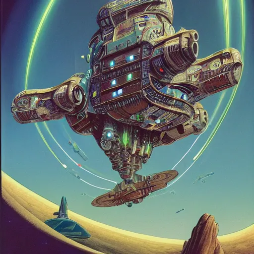Prompt: this is an image of a sci fiction spaceship being chased by aliens, but they're staring directly at us, wide angle view, in the style of roger dean, hyper detailed