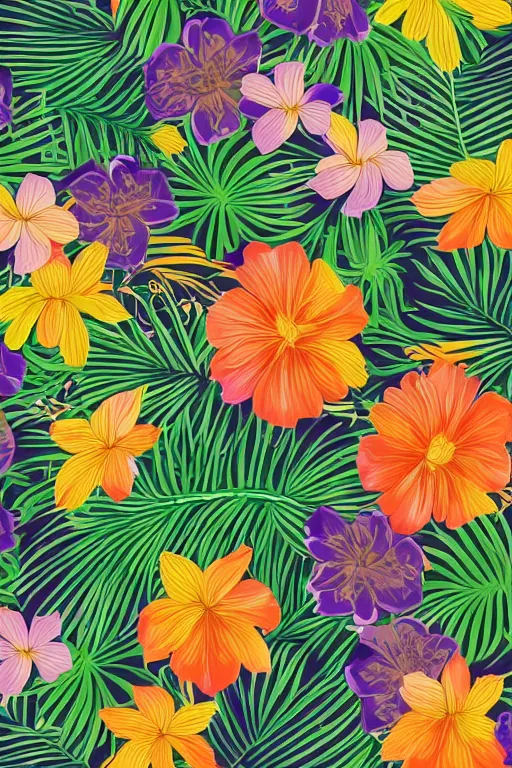 Image similar to Intricate detailed vector illustration of tropical flowers and green reeds, multiple cohesive colors ranging from warms purples to bright oranges on a ((very dark background)), 4K resolution