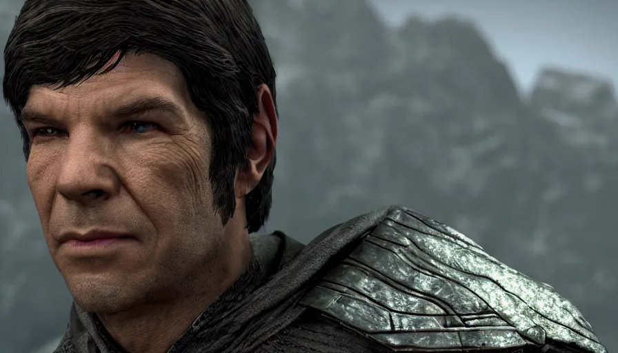 Image similar to close - up skyrim character screenshot of spock, star trek, solo portrait, enb, 4 k, bokeh, beautiful, detailed