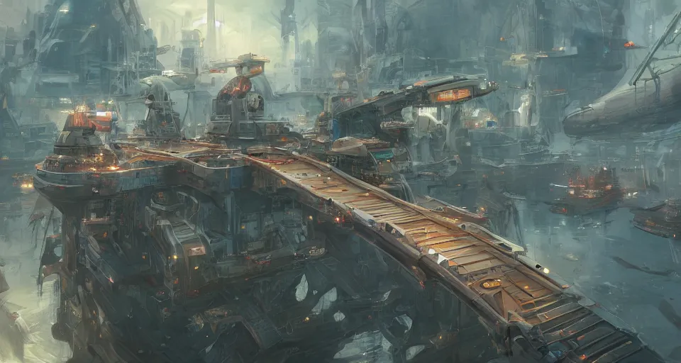 Prompt: A beautiful digital painting of a science fiction landing platform, by Stanley Artgerm Lau, Rossdraws, James Jean, gerald brom, Andrei Riabovitchev, Marc Simonetti, and Sakimichan, trending on artstation