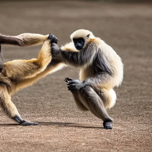 Prompt: a gibbon and a goose having a kung fu battle