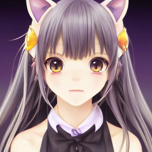 Image similar to nekopara fantastically detailed eyes cute girl portrait with fantastically detailed cat ears dressed like a cat modern anime style, made by Laica chrose, Mina Petrovic, Ross Tran, WLOP, Ruan Jia and Artgerm, Range Murata and William-Adolphe Bouguereau, Cell shading modern anime trending professional digital art unreal Engine Fantasy Illustration. award winning, Artstation, intricate details, realistic, Hyperdetailed, 8k resolution