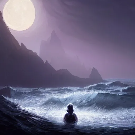 Prompt: a digital painting of cthulu emerging from the sea in the distance, silhuette, back lighting, dramatic scene, detailed, night time, full moon, in the style of greg rutkowski