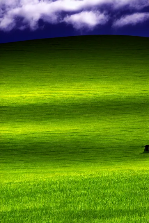 Image similar to windows xp hills screensaver with a graveyard in front, gloomy