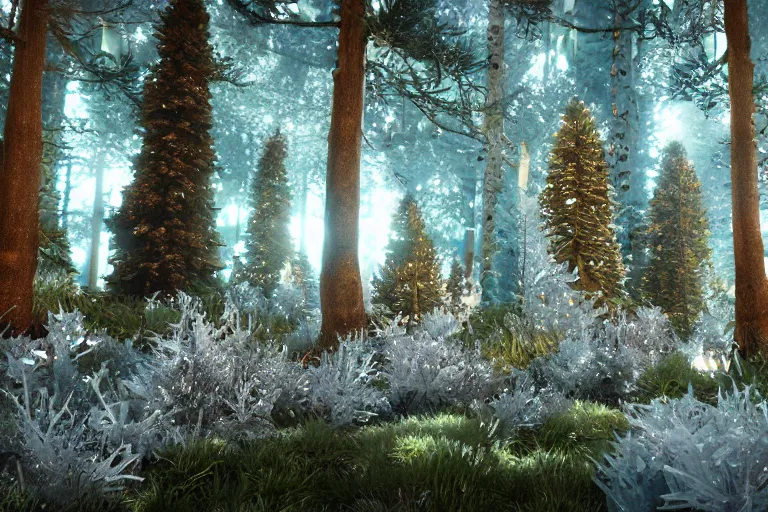 Image similar to crystallized forest with gilded trees and jeweled flowers by unreal engine, photorealistic