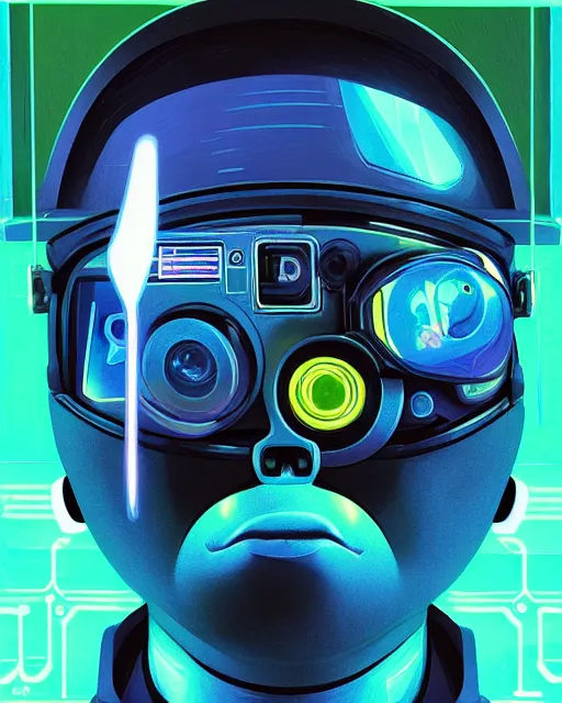 Image similar to silly sloth as future coder man looking on, sleek cyclops display over eyes and sleek bright headphoneset, neon accent lights, holographic colors, desaturated headshot portrait digital painting by dean cornwall, rhads, john berkey, tom whalen, alex grey, alphonse mucha, donoto giancola, astronaut cyberpunk electric