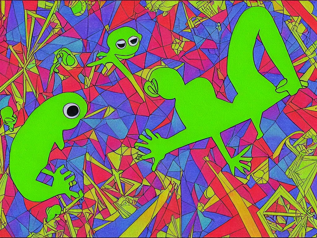 Image similar to pepe the frog walking on hyper-dimensional impossible geometric object, high detail, highly abstract, vivid colors, a little bit touch of M. C. Escher