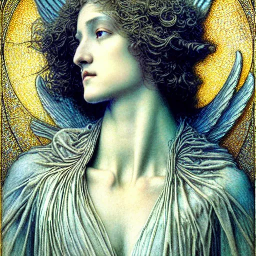 Image similar to detailed realistic beautiful young radiant medieval angel queen portrait by jean delville, gustave dore and marco mazzoni, art nouveau, symbolist, visionary, gothic, pre - raphaelite, horizontal symmetry