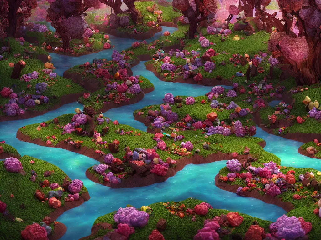 Image similar to an ultra realistic dream landscape of a chocolate river, trees made of candies cotton candy bushes roads made of buiscuits, octane render, unreal engine, 4 k, masterpiece, tilt shift, david lachapelle, alice in wonderland, trending on artstation,