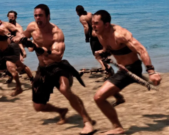 Image similar to spartan sprinting on australian beach, epic award winning action cinematic still from the movie 3 0 0, noon lighting, unarmed