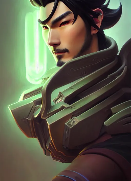 Image similar to lgenji from overwatch, fantasy, fantasy art, character portrait, portrait, close up, highly detailed, scifi art, intricate detail, amazing detail, sharp focus, vintage fantasy art, vintage sci - fi art, radiant light, trending on artstation, caustics, by boris vallejo