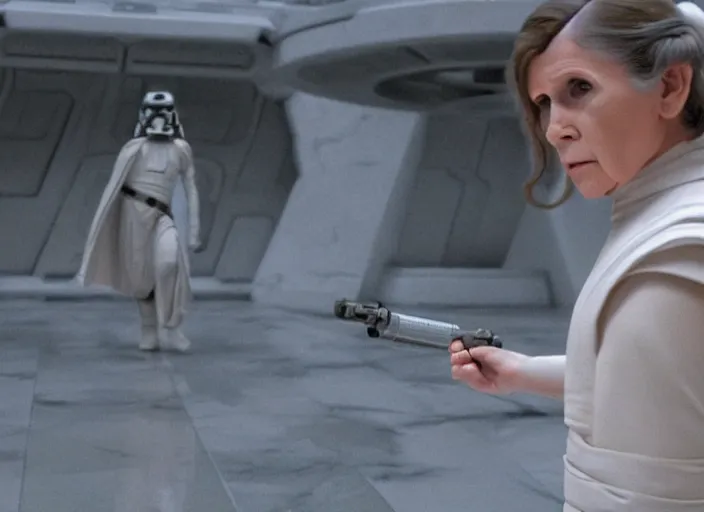 Image similar to Leia using the force at Jedi Temple scene from the last jedi, 2022, film by Stanley Kubrick, serene, iconic scene, stunning cinematography, hyper detailed, sharp, anamorphic lenses, kodak color film, 4k