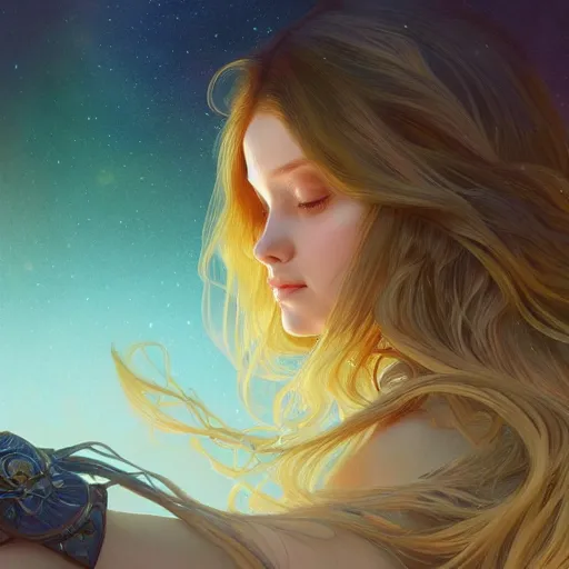 Image similar to aurora, girl with super long hair, hair becoming bright stars, intricate, highly detailed, digital painting, artstation, concept art, smooth, sharp focus, illustration, unreal engine 5, 8 k, art by artgerm and greg rutkowski and alphonse mucha