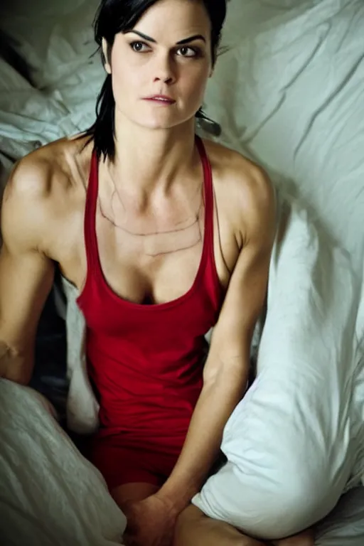 Image similar to realistic photograph. warrior woman, 2 7, in her bedclothes. tight white tanktop shows strong feminine figure. loose comfortable red pajama pants. jaimie alexander. delicate jawline. short hair, straight, ravenblack. faircomplected but tan. tall gracile, but thick ripped jacked vascular buff muscular arms and large ample bust.