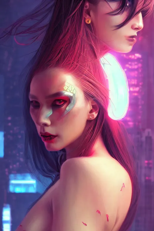 Image similar to portrait futuristic Devil Girl, in future cyberpunk tokyo rooftop , ssci-fi, fantasy, intricate, very very beautiful, elegant, human anatomy, neon light, highly detailed, digital painting, artstation, concept art, smooth, sharp focus, illustration, art by tian zi and WLOP and alphonse mucha