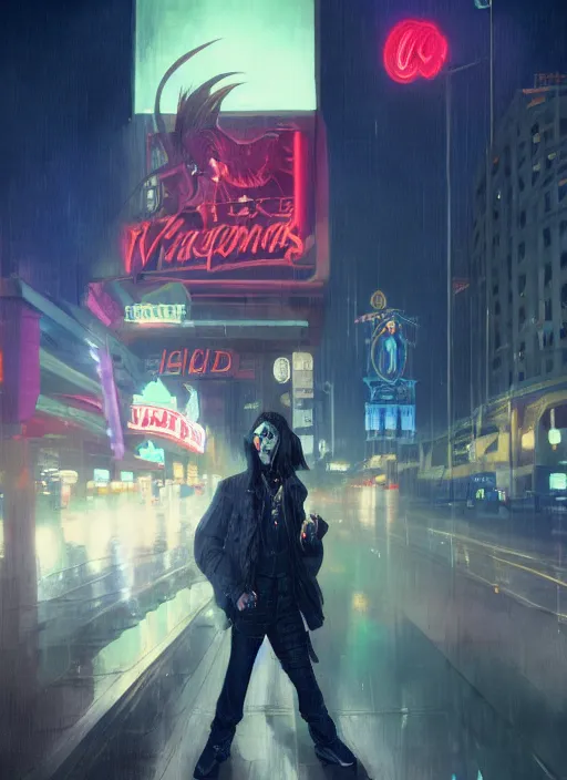 Image similar to 35mm kodak portra photograph of a shadowrun vampire on the Las Vegas strip at night by tomer hanuka and tom bagshaw, handsome face, blood, urban fantasy, hyper realism, high detail, octane render, 8k, trending on artstation, CGsociety, concept art