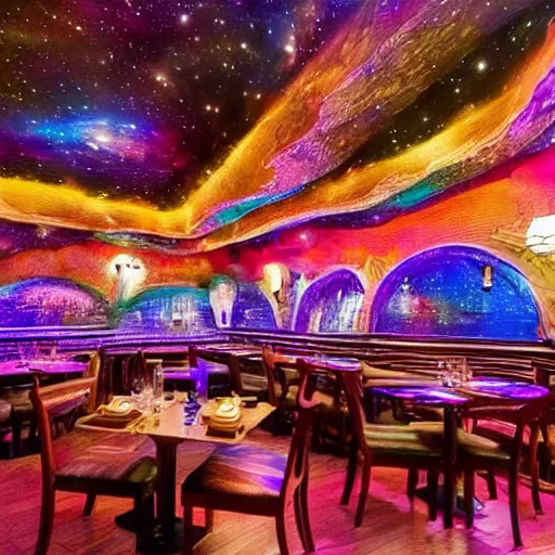 Prompt: The restaurant at the end of the universe, intricate, stunning, colorful, mysterious, ethereal atmosphere, stars