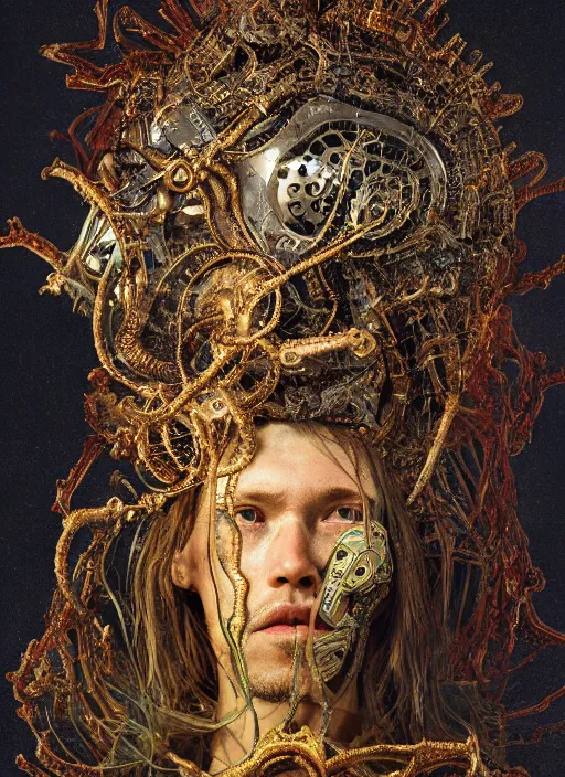 Image similar to portrait of king arthur knight medusa cyborg, kintsugi, modern fine art, fractal, intricate, elegant, highly detailed, digital photography, subsurface scattering, by jheronimus bosch and basquiat and greg rutkowski,