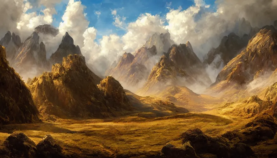 Image similar to excellent painted daemon in a wide epic beautiful landscape somewhere in south america with fluffy clouds, painted by Hans Fredrik Gude, Greg Rutkowksi, Craig Mullins and Artgerm, masterpiece, 4k, ultra realistic highly detailed oil painting