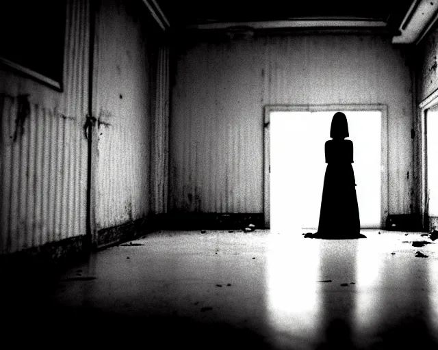 Image similar to creepy woman wearing white dress standing in the backrooms, psychological horror, the eerie forlorn atmosphere of a place that's usually bustling with people but is now abandoned and quiet, buzzing fluorescent lights above the ceiling, unsettling images, liminal space, dark