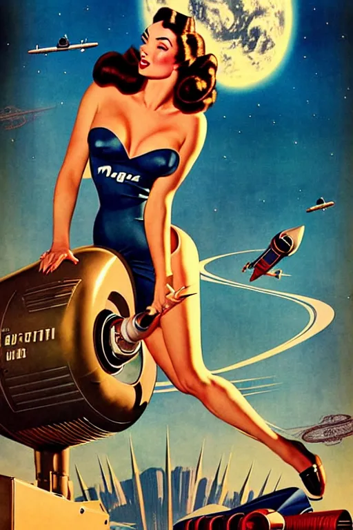 Prompt: beautiful retro space megan fox varga girl sitting on a rocket in diesel punk city, windblown dark hair, retro pinup model, seductive, 1 9 4 0, glamour pose, intricate, smoke, hyper detailed, digital art, smooth, sharp focus, alberto vargas, gil elvgren, greg rutkowski, propaganda poster