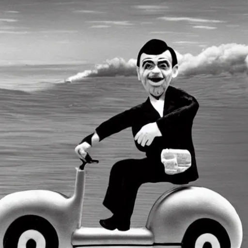 Prompt: Archival photo of Mr Bean riding the atomic bomb